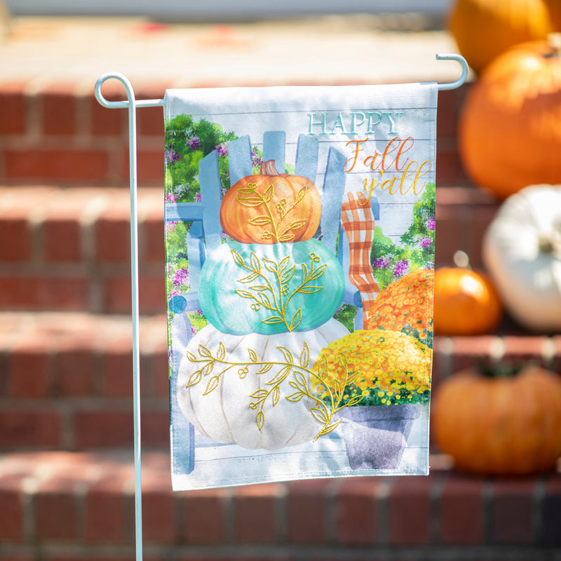 Evergreen Flag,Happy Fall Stacked Pumpkins Garden Linen Flag,18x12.5x0.2 Inches