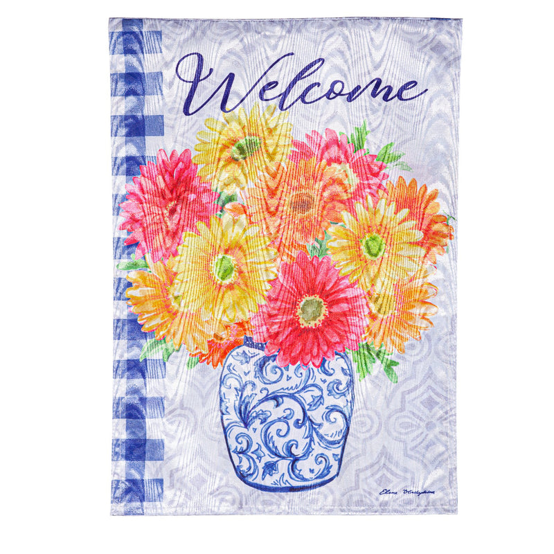 Evergreen Flag,Welcome Gerberas in Vase Moire Garden Flag,12.5x0.2x18 Inches