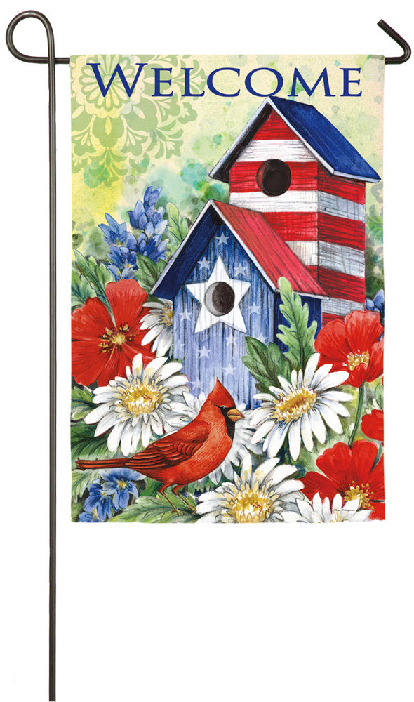 Evergreen Flag,Patriotic Birdhouse & Cardinal Garden Sub Suede Flag,12.5x18x0.15 Inches