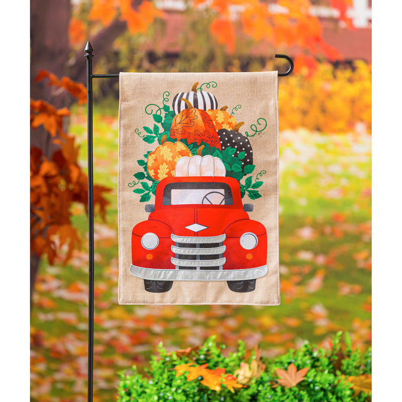 Evergreen Fall Pumpkins Red Truck Garden Burlap Flag, 18'' x 12.5'' inches