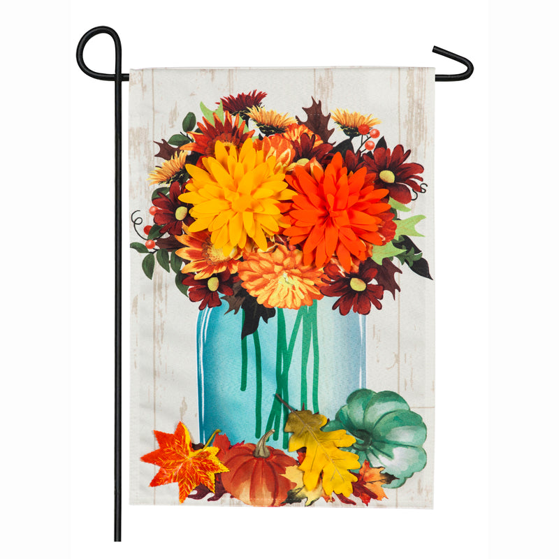 Evergreen Fall Mums Floral Mason Jar Garden Linen Flag, 18'' x 12.5'' inches