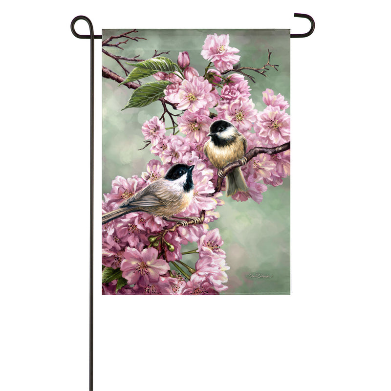 Evergreen Chickadees and Cherry Blossoms Garden Suede Flag, 18'' x 12.5'' inches