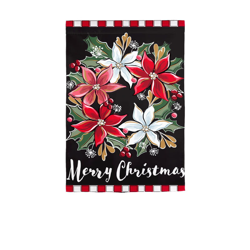 Evergreen Flag,Poinsettia Wreath Applique House Flag,28x0.25x44 Inches