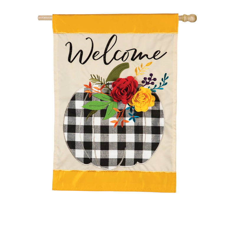 Welcome Floral Plaid Pumpkin House Applique Flag,159093