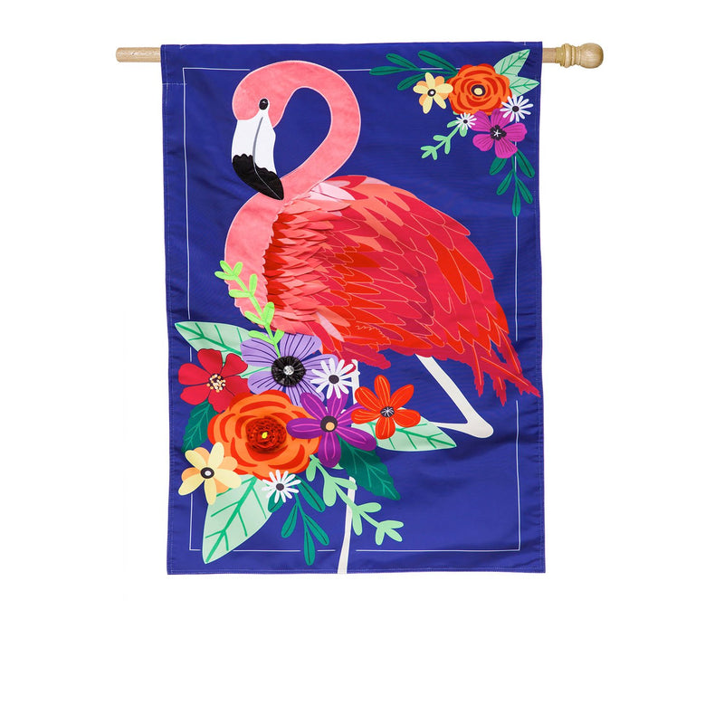 Evergreen Flag,Floral Flamingo House Applique Flag,28x0.5x44 Inches