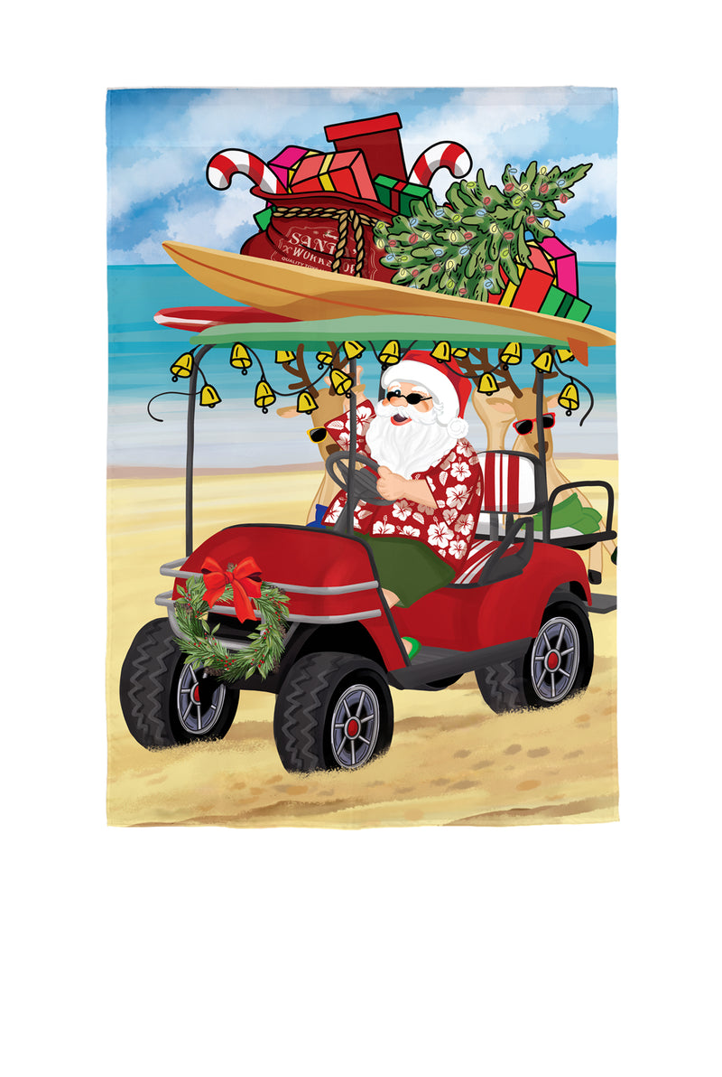 Evergreen Flag,Santa Drive Golf Cart on Beach Applique House Flag,28x0.25x44 Inches