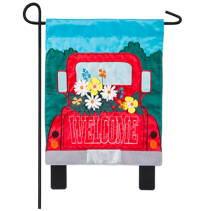 Evergreen Flag,Red Truck Welcome Garden Applique Flag,12.5x0.2x18 Inches