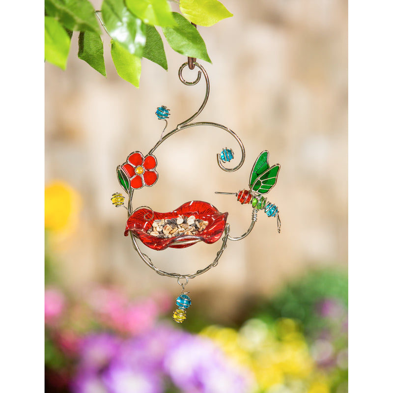 Stained Glass and Metal Hanging Bird Feeder, Hummingbird,2bf7118