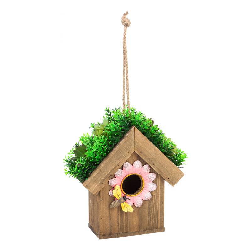 Evergreen Bird House,Metal and Wood Bird House with Artificial Decorations, Red,8.86x10.24x4.53 Inches