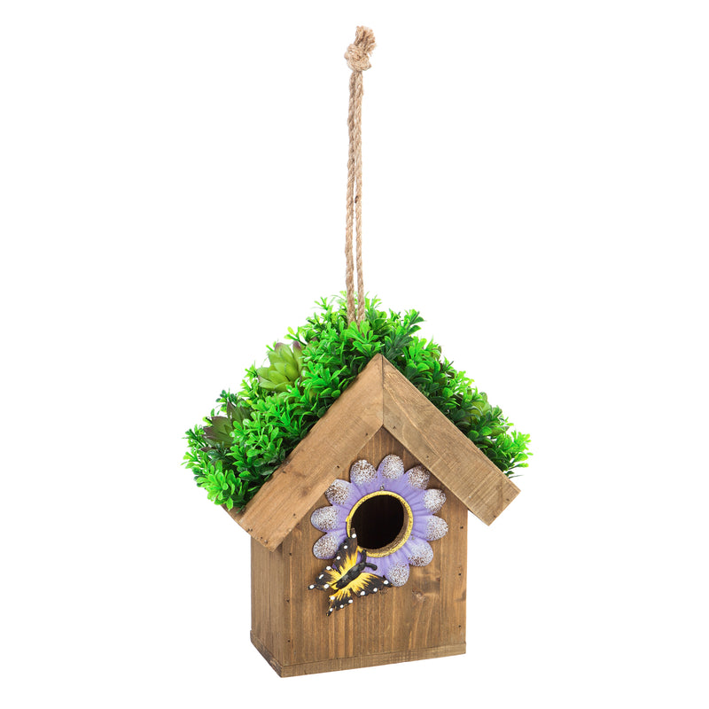 Evergreen Bird House,Metal and Wood Bird House with Artificial Decorations, Purple,8.86x10.24x4.53 Inches