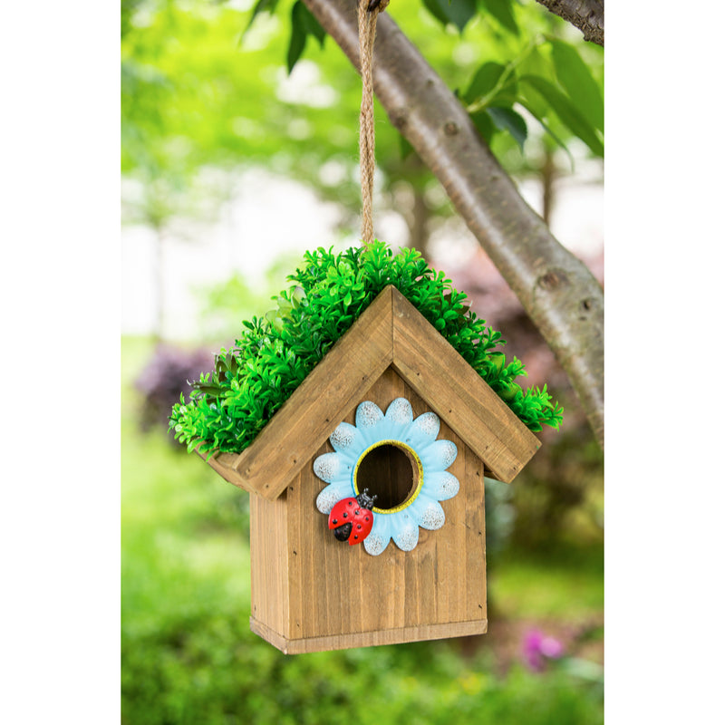 Evergreen Metal and Wood Bird House with Artificial Decorations, Blue, 8.9'' x 10.2'' x 4.5''