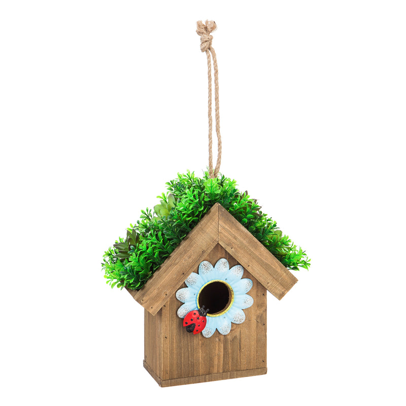 Evergreen Metal and Wood Bird House with Artificial Decorations, Blue, 8.9'' x 10.2'' x 4.5''