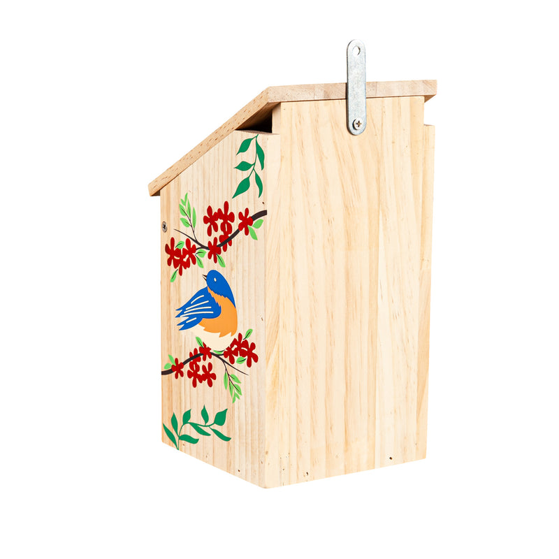 Evergreen Bird House,Bluebird Wood Bird House, Bluebird w/Red Flowers,4.7x5.3x9.3 Inches