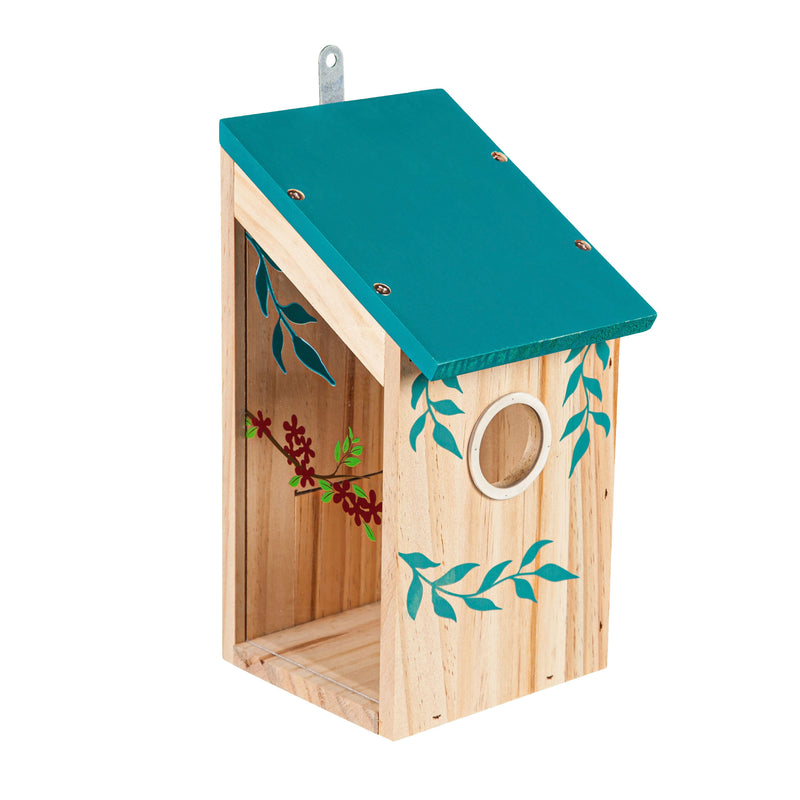 Wooden Bird House with Acrylic Viewing Window, Red Flowers,2bh753