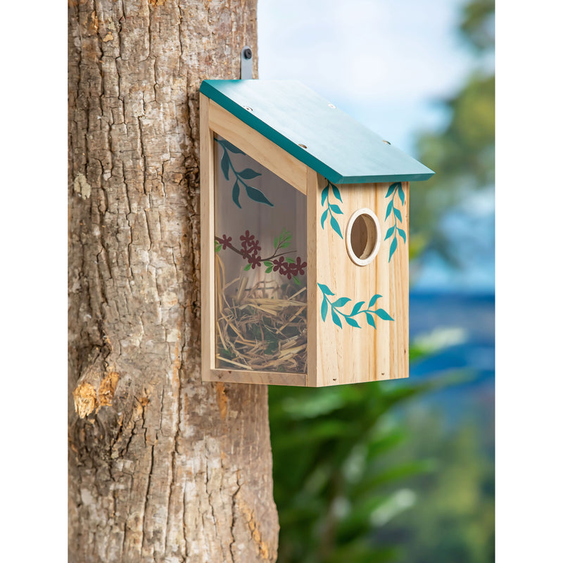 Wooden Bird House with Acrylic Viewing Window, Red Flowers,2bh753