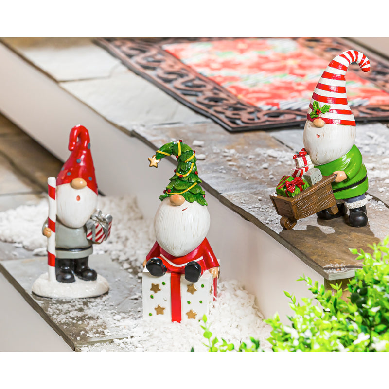 Evergreen 10"H Holiday Gnome with Presents Garden Statuary, 3 Assorted, 10'' x 1.2'' x 1.2'' inches