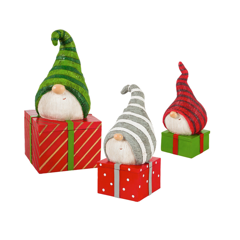 Evergreen Holiday Gnome Gift Box Garden Statuary, Set of 3, 12.6'' x 1.8'' x 1.8'' inches