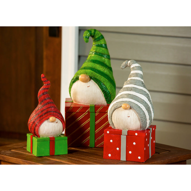 Evergreen Holiday Gnome Gift Box Garden Statuary, Set of 3, 12.6'' x 1.8'' x 1.8'' inches