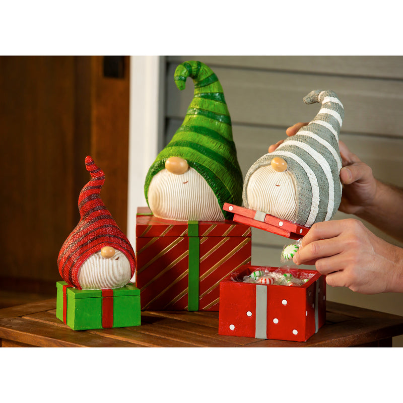 Evergreen Holiday Gnome Gift Box Garden Statuary, Set of 3, 12.6'' x 1.8'' x 1.8'' inches