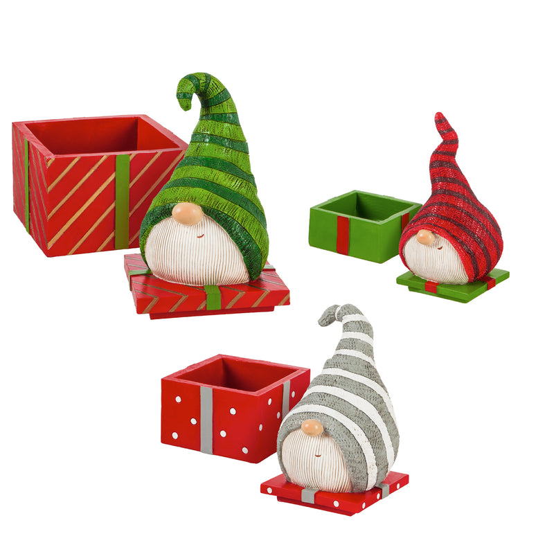 Evergreen Holiday Gnome Gift Box Garden Statuary, Set of 3, 12.6'' x 1.8'' x 1.8'' inches