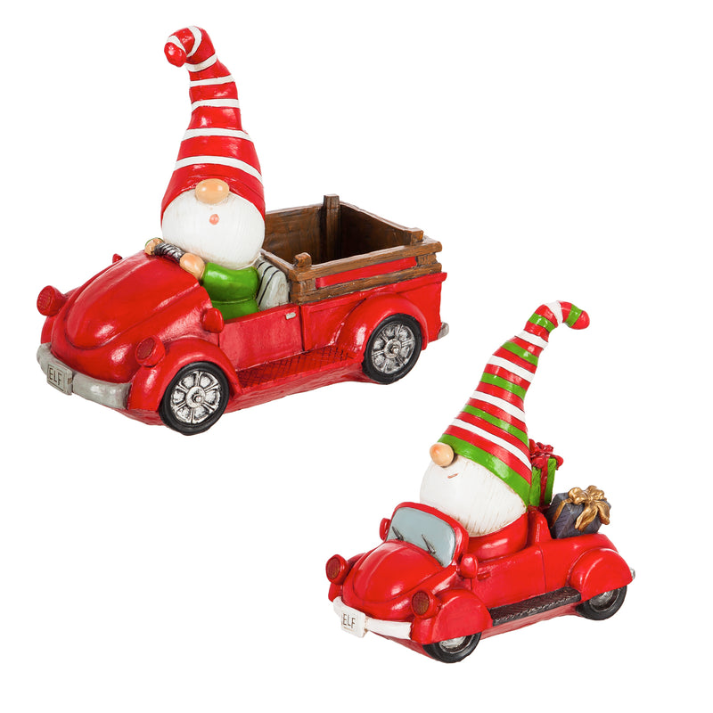 Evergreen 8"H LED Battery Operated Holiday Gnome Driving Buggy & Truck Garden Statuary, 2 Assorted, 8.5'' x 1'' x 1'' inches