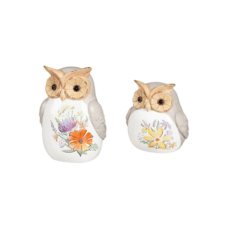 Evergreen Ceramic Wildflower Owl Garden Statuary, Set of 2, 9.5'' x 1.6'' x 1.6'' inches
