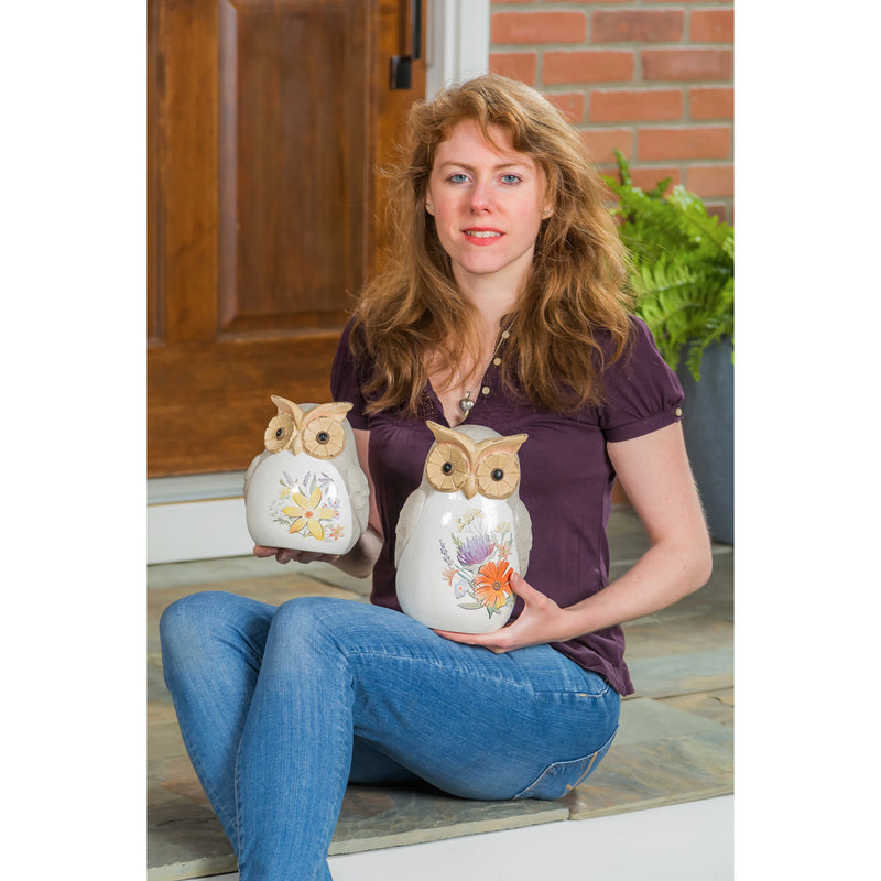 Evergreen Ceramic Wildflower Owl Garden Statuary, Set of 2, 9.5'' x 1.6'' x 1.6'' inches