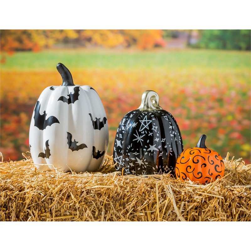 Set of 3 Printed Ceramic Pumpkins, Halloween Night, 6.3"x6.3"x8.64"inches