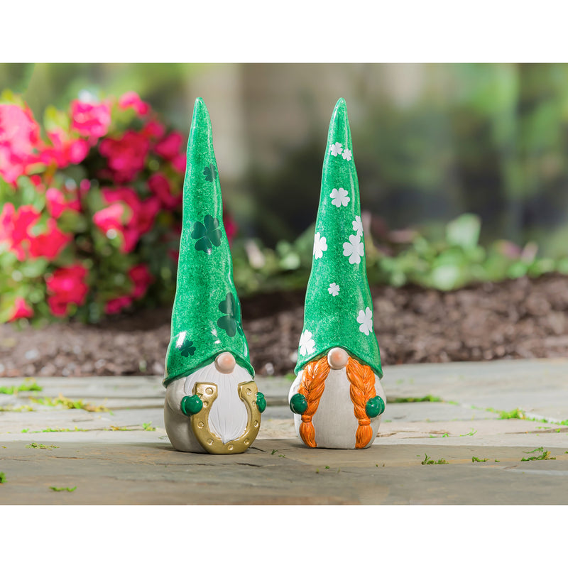 13"H Ceramic St. Patrick's Gnome Garden Statuary, Set of 2,2cg436
