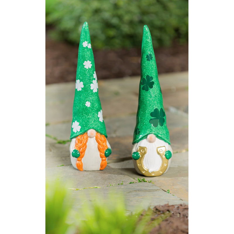 13"H Ceramic St. Patrick's Gnome Garden Statuary, Set of 2,2cg436