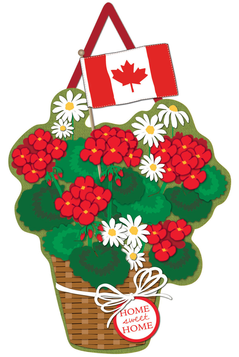 Evergreen Door Decor,Canadian Patriotic Basket of Flowers Burlap Door Decor,18.5x0.25x15.75 Inches