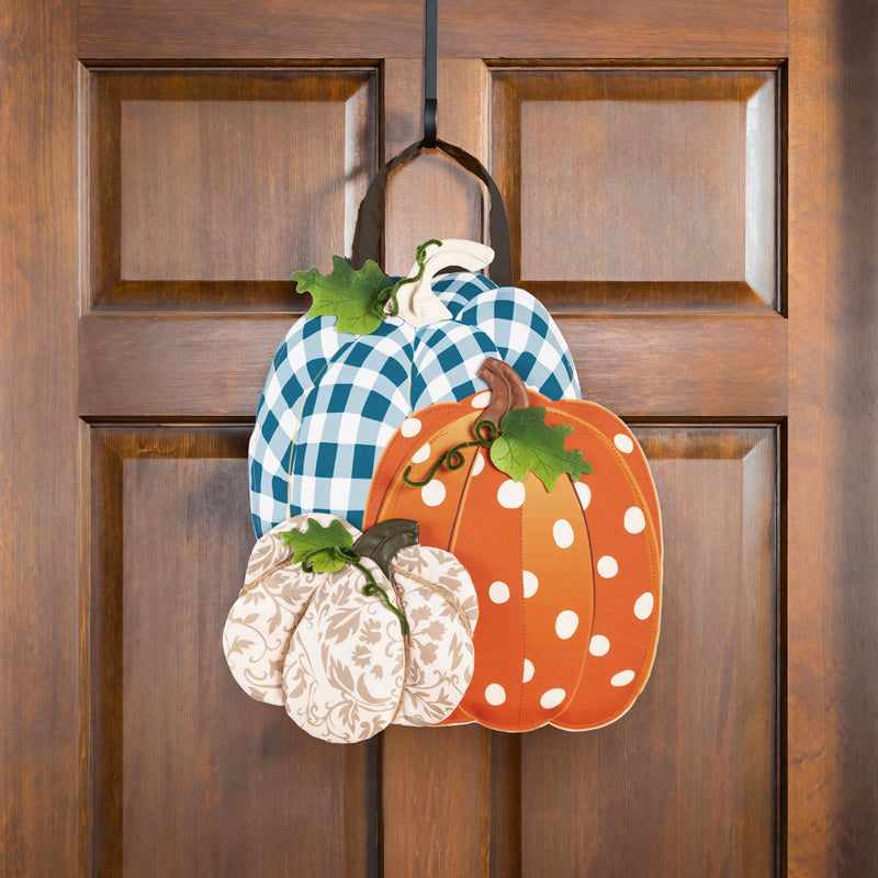 Evergreen Door Decor,Patterned Pumpkin Trio Door Décor,20x17x0.5 Inches