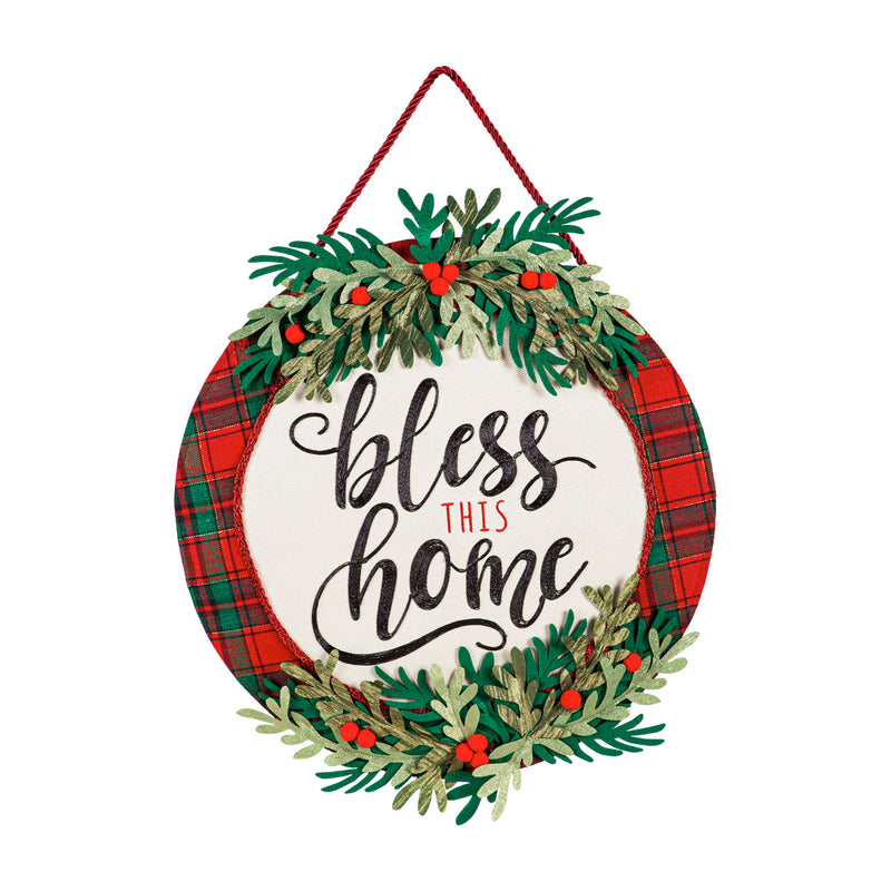 Evergreen Door Decor,Bless this Home Plaid Door Décor,20x0.5x20 Inches