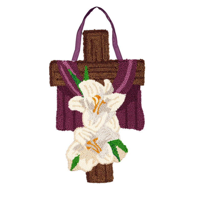 Evergreen Door Decor,Cross with Lilies Hooked Door Décor,10.5x0.5x24 Inches