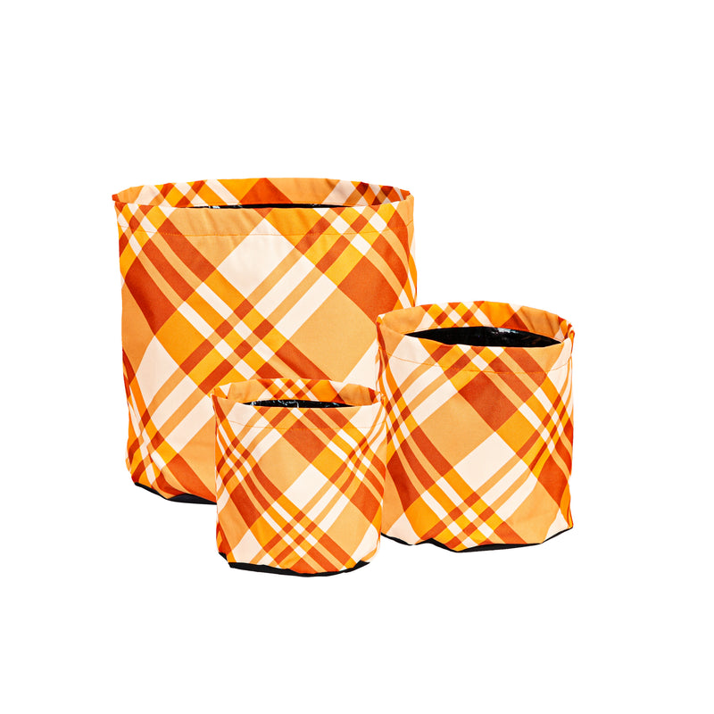 Evergreen Flag,Fall Plaid Round Fabric Planters, Set of 3,13x13x13 Inches