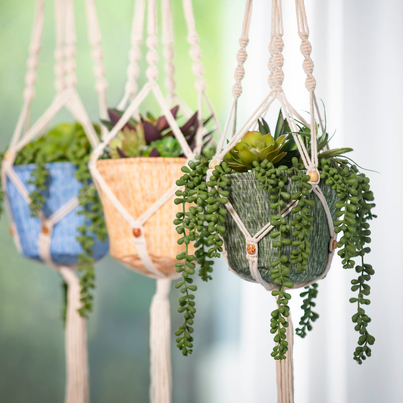 Olivia Fabric Planter with Macrame Holder, Ochre,2fp043