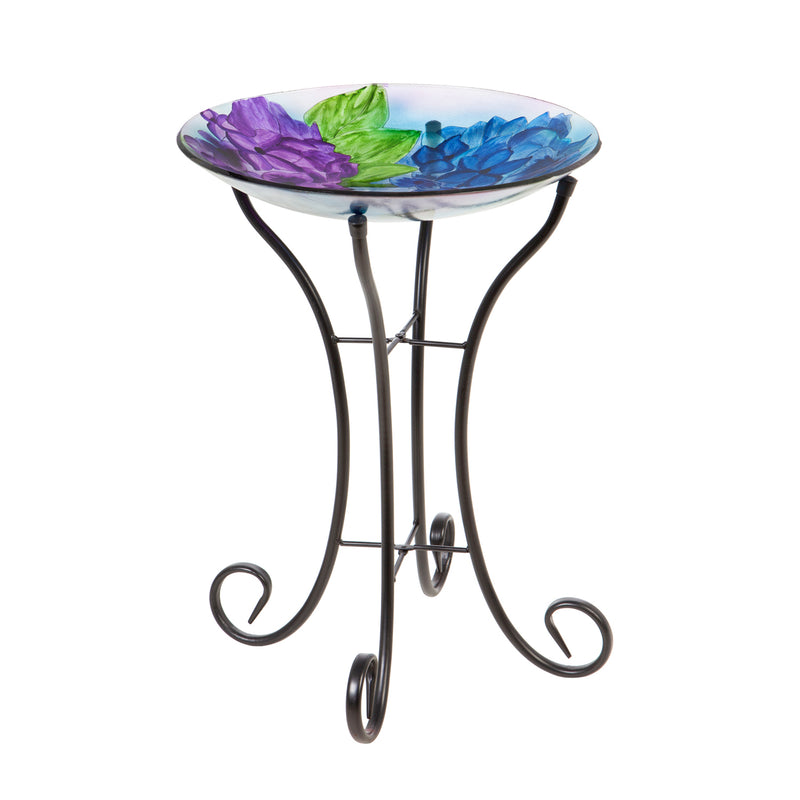16" Glass Bird Bath w/Stand, Blooming Hydrangea,2gb1167