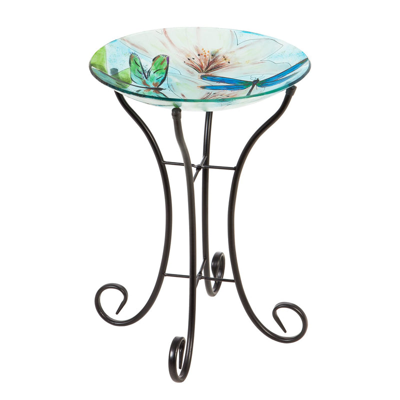 16" Glass Bird Bath w/Stand, Resting Dragonfly,2gb1168