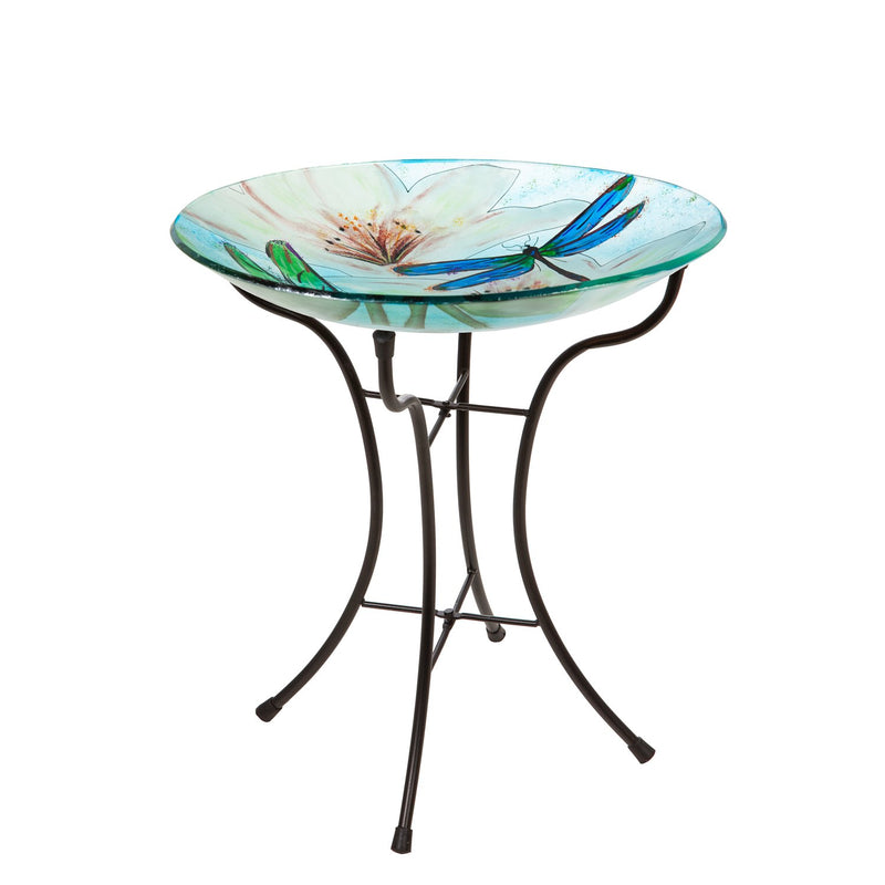 16" Glass Bird Bath w/Stand, Resting Dragonfly,2gb1168