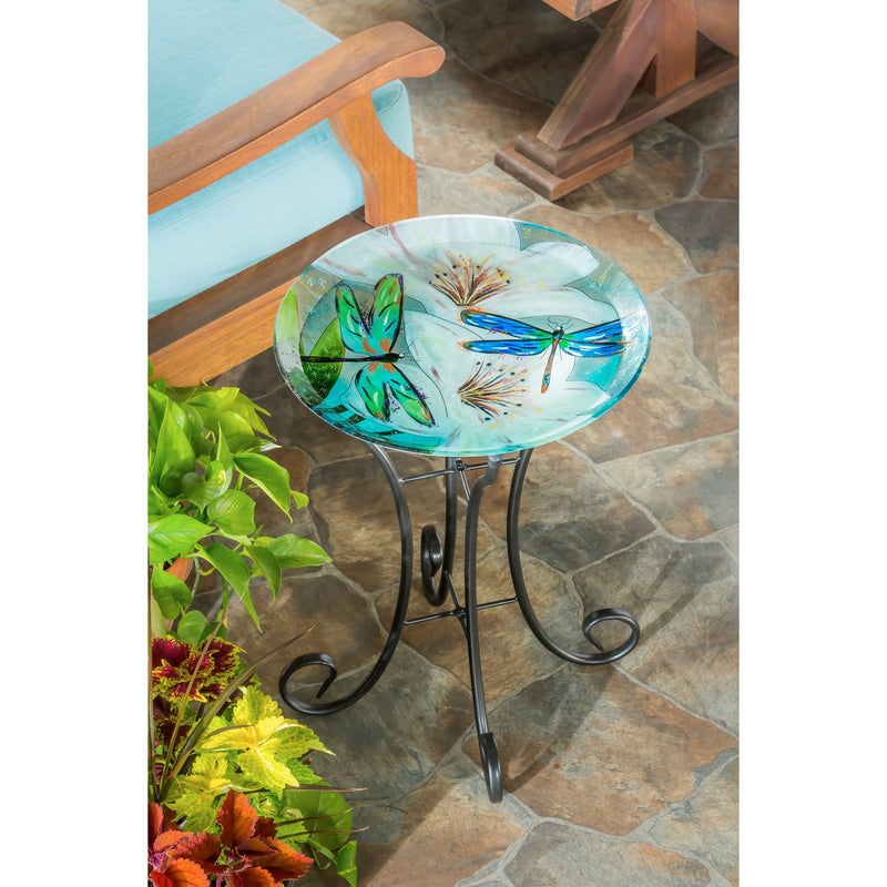 16" Glass Bird Bath w/Stand, Resting Dragonfly,2gb1168