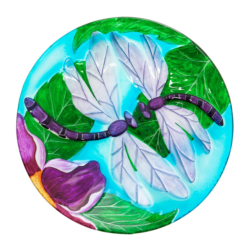 18" Solar Hand Painted Embossed Glass Bird Bath with Stand, Dragonfly Duo,2gb1185