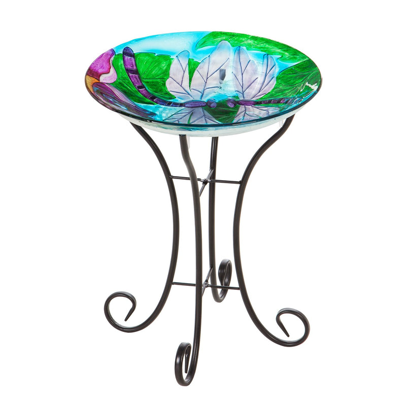 18" Solar Hand Painted Embossed Glass Bird Bath with Stand, Dragonfly Duo,2gb1185