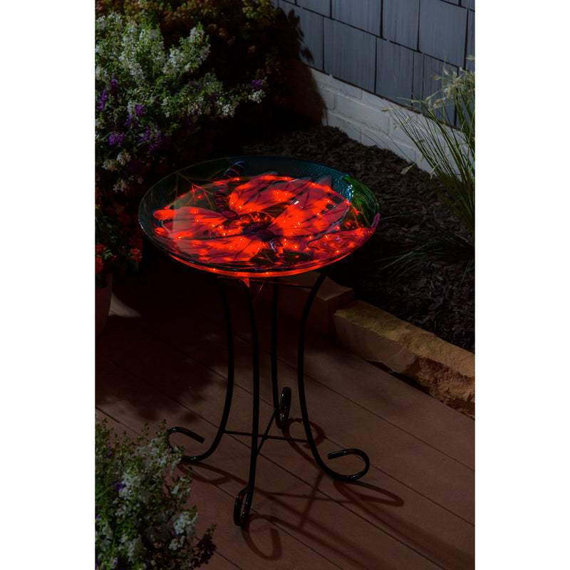 18" Solar Hand Painted Embossed Glass Bird Bath with Stand, Dragonfly Duo, 18"x18"x21"inches