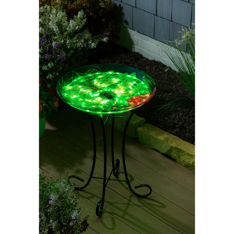 18" Solar Hand Painted Embossed Glass Bird Bath with Stand, Dragonfly Duo, 18"x18"x21"inches