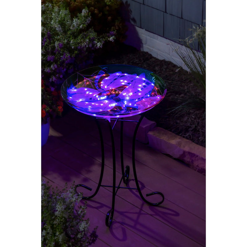 18" Solar Hand Painted Embossed Glass Bird Bath with Stand, Dragonfly Duo,2gb1185