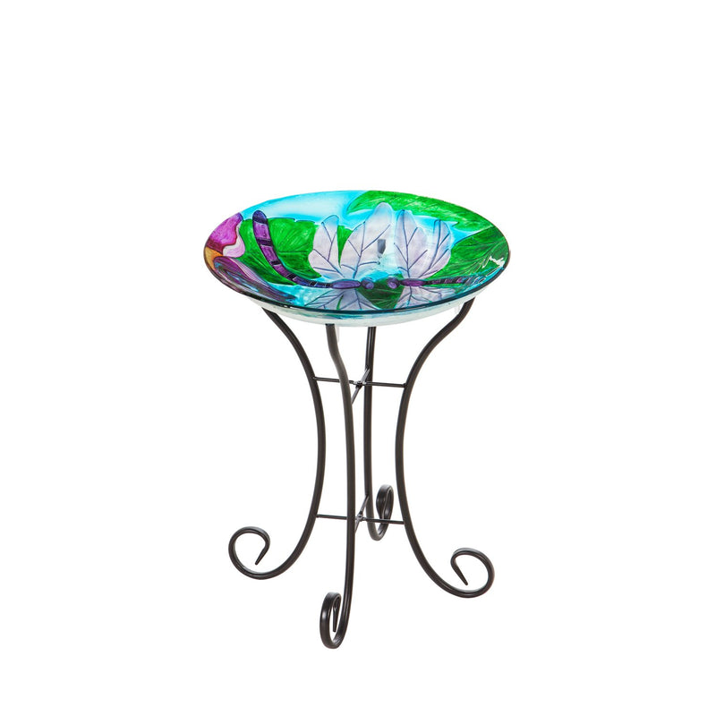 18" Solar Hand Painted Embossed Glass Bird Bath with Stand, Dragonfly Duo,2gb1185
