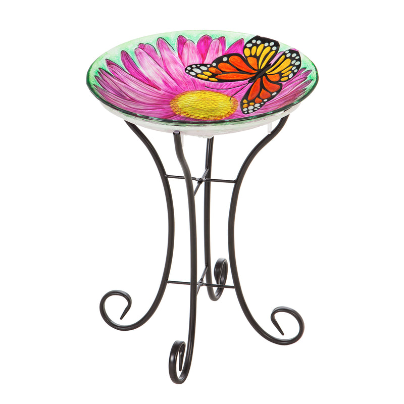Evergreen Bird Bath,18" Solar Hand Painted Embossed Glass Bird Bath with Stand, Butterfly,18x18x21 Inches