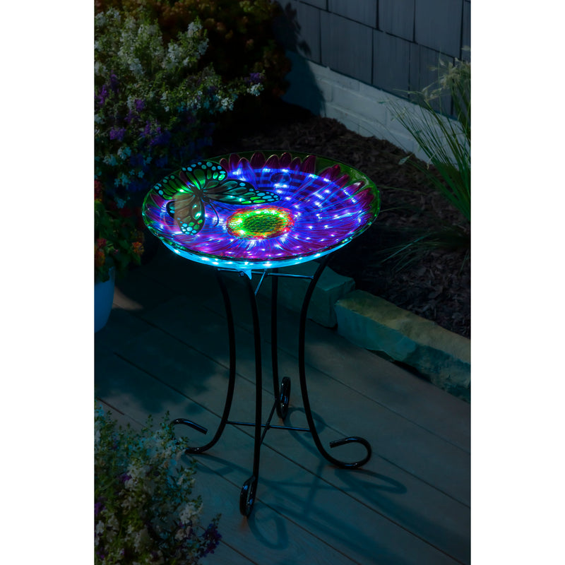 Evergreen Bird Bath,18" Solar Hand Painted Embossed Glass Bird Bath with Stand, Butterfly,18x18x21 Inches