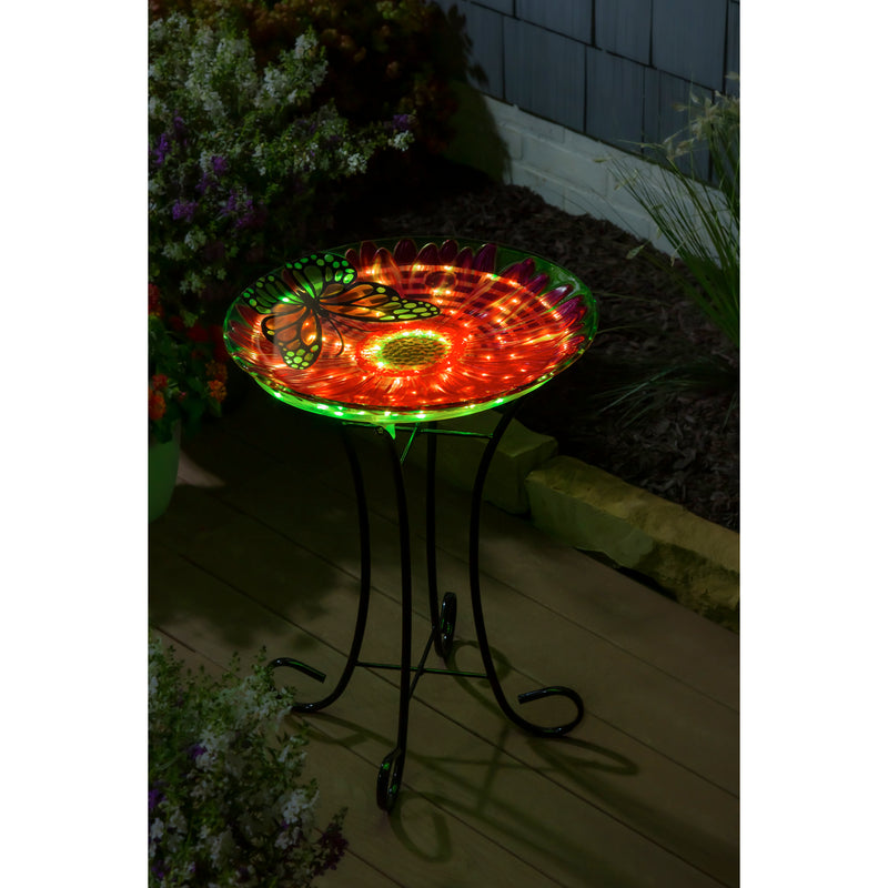 Evergreen Bird Bath,18" Solar Hand Painted Embossed Glass Bird Bath with Stand, Butterfly,18x18x21 Inches