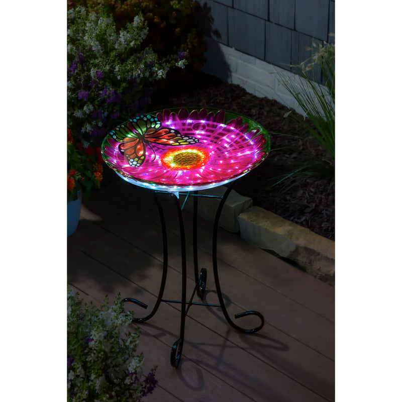 Evergreen Bird Bath,18" Solar Hand Painted Embossed Glass Bird Bath with Stand, Butterfly,18x18x21 Inches